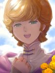  1girl :d brown_hair flower gacha-m green_eyes gundam gundam_unicorn mineva_lao_zabi open_mouth portrait short_hair smile solo upper_body yellow_flower 