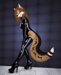  black_nose breasts brown_eyes brown_fur brown_hair butt canine cheetahwolf cleavage clothed clothing elbow_gloves facial_markings female fluffy_tail fur gloves hair herm high_heels intersex latex legwear mammal markings paws rubber shiny solo spots standing thigh_highs tiles wolf 