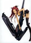  android bare_shoulders beatless black_legwear boots breasts cleavage cyberpunk dress fang grin hair_ornament highres huge_weapon kouka_(beatless) leaning_forward long_hair medium_breasts red_eyes red_hair redjuice science_fiction simple_background skirt smile solo thigh_boots thighhighs weapon 