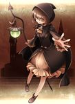  bad_id bad_pixiv_id brown_eyes brown_hair dress hood lantern mtyy original outstretched_hand skull smile solo 