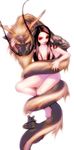  black_hair breasts copyright_request dragon hand_on_own_head hijiri_rei medium_breasts nipples nude red_eyes smile solo 