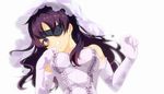  bad_id bad_pixiv_id blush breasts dress elbow_gloves eyepatch gloves large_breasts long_hair lying mirai_nikki on_back purple_eyes purple_hair solo teeth uminekoritorubasuta-zu uryuu_minene veil wedding_dress white_dress white_gloves 