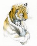  bandanna bipedal blue_shirt buckle bust_portrait buttons clothing couple duo embrace eyes_closed feline female feral flossy-p fur hat hug human mammal mixed_media orange_fur pencil_(art) plain_background round_ears shirt side_view size_difference smile striped_fur tank_top tiger traditional_media unknown_artist watercolor_(art) watercolour whiskers white_background white_fur 