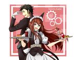  1girl :d animal_ears black_hair blue_eyes brown_hair cat_ears copyright_name drinking_straw food glass gloves green_eyes holding ketchup long_hair maid maid_headdress makise_kurisu negahami okabe_rintarou open_mouth pancake smile steins;gate upa_(steins;gate) 