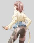  1girl black_pants blue_shirt cowboy_shot from_behind green_eyes grey_background hair_ornament holding holding_knife knife long_sleeves mishiro_(andante) pants red_hair rose_(tales) shiny shiny_hair shirt short_hair simple_background solo standing tales_of_(series) tales_of_zestiria 