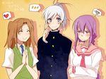  3girls annoyed blue_eyes brown_hair crossdressing crossed_arms gakuran happy heart height_difference long_hair melty_blood multiple_girls necktie purple_eyes purple_hair reverse_trap riesbyfe_stridberg school_uniform serafuku short_ponytail silver_hair sion_eltnam_atlasia six_(fnrptal1010) smile spoken_heart sweater_vest tsukihime twintails very_long_hair yumizuka_satsuki 