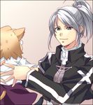  animal_ears blue_eyes breastplate carnival_phantasm cat_ears cat_tail cropped_jacket holding jacket lowres melty_blood multiple_girls nekoarc riesbyfe_stridberg short_hair short_ponytail silver_hair sweatdrop tail tsukihime uchida_shiki 