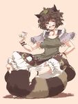  animal_ears bloomers breasts brown_eyes brown_hair cup drooling drunk eyebrows futatsuiwa_mamizou glasses highres iroyopon large_breasts leaf leaf_on_head open_mouth raccoon_ears raccoon_tail shirt sitting skirt smile solo tail tanuki thick_eyebrows touhou underwear 
