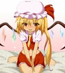  bare_legs barefoot between_breasts blonde_hair blush breasts clothes_between_breasts dr._cryptoso fangs flandre_scarlet hat hat_ribbon highres md5_mismatch midriff navel open_mouth red_eyes ribbon shirt side_ponytail sitting skirt skirt_set slit_pupils smile solo touhou v_arms wariza wings 
