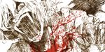  blood fangs long_fangs looking_at_viewer monochrome open_mouth remilia_scarlet sharp_teeth short_hair sketch slit_pupils solo spot_color teeth touhou uruo vampire wings 