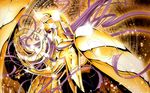  armor athena_(saint_seiya) gauntlets gold_cloth highres holding long_hair purple_hair saint_seiya shoulder_armor solo spaulders staff 