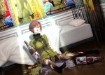  alcohol aozaki_touko bed bottle closed_eyes drunk dutch_angle game_cg glasses gloves high_heels koyama_hirokazu mahou_tsukai_no_yoru microphone on_floor pantyhose perspective poster_(object) red_hair sake sake_bottle shoes short_hair sitting solo torn_clothes torn_legwear 