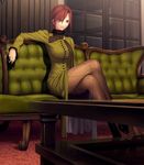  aozaki_touko cigarette couch crossed_legs fishnet_pantyhose fishnets game_cg highres koyama_hirokazu mahou_tsukai_no_yoru pantyhose red_eyes red_hair short_hair sitting solo 