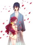  1girl bad_id bad_pixiv_id black_hair coupe glasses grandfather_and_granddaughter grey_hakama hakama hanasaki_sora hanasaki_tsubomi hand_on_shoulder hands_clasped heartcatch_precure! height_difference japanese_clothes long_hair own_hands_together petals pink_eyes pink_hair precure raki_(kuroe) school_uniform shosei smile time_paradox white_background yellow_eyes 