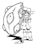  :p boots buttons child eyes food full_body greyscale hat hungern_(skullgirls) ice_cream kouotsu monochrome pointing pointing_at_self raincoat short_hair signature simple_background skullgirls solo standing tongue tongue_out umbrella umbrella_(skullgirls) wavy_mouth 