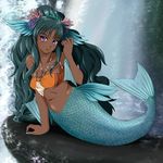  1girl artist_request character_request dark_skin green_hair highres jewelry kirio_(ccr00235) long_hair mermaid monster_girl necklace purple_eyes smile solo source_request tail water 
