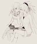  blush die_(die0118) eye_contact food hand_on_another's_face looking_at_another mahou_shoujo_madoka_magica monochrome multiple_girls pocky pocky_kiss sakura_kyouko shared_food tomoe_mami yuri 