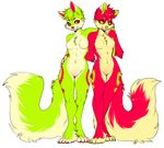  breasts canine cute duo falvie_(character) female fionbri fluffy_tail green_eyes mammal nude red_eyes smile uni 