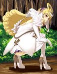  ar_tonelico ar_tonelico_ii ass blonde_hair chroche_latel_pastalie elbow_gloves forest gloves hair_ornament high_heels highres hou_(hachiyou) long_hair looking_back nature no_panties purple_eyes shoes solo squatting 