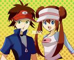 1boy 1girl blue_eyes breasts brown_hair green_eyes hat kyouhei_(pokemon) mei_(pokemon) open_mouth pokemon pokemon_(game) pokemon_bw2 