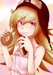  absurdres bakemonogatari bare_shoulders blonde_hair doughnut fang food goggles helmet highres long_hair monogatari_(series) oninamako oshino_shinobu red_eyes solo 