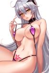  1girl ahoge bikini blush breasts closed_mouth dark_persona hair_between_eyes hair_ornament honkai_(series) honkai_impact_3 kiana_kaslana large_breasts long_hair looking_at_viewer micro_bikini myurumyuru navel pubic_tattoo silver_hair sitting solo string_bikini swimsuit tattoo very_long_hair white_background yellow_eyes 