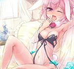  animal_ears areolae arm_up armpits babydoll bare_shoulders blush breasts bunny_ears bunny_tail chaudlapin cleavage flower looking_at_viewer medium_breasts navel one_eye_closed original panties pink_eyes pink_hair rose short_hair sitting solo sparkle string_panties tail tears tongue underwear white_panties yawning 