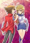  bare_shoulders blonde_hair breasts brown_eyes card holding holding_card jacket multicolored_hair obelisk_blue_uniform skirt slifer_red_uniform tenjouin_asuka yellow_eyes yu-gi-oh! yuki_judai yuu-gi-ou_(card) yuu-gi-ou_gx yuuki_juudai 