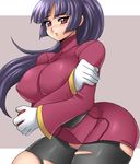  1girl black_hair blush breasts female gloves gym_leader huge_breasts large_breasts long_hair natsume_(pokemon) nintendo pantyhose pokemon purple_eyes red_eyes shy solo torn_clothes torn_pantyhose white_gloves 