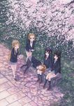  akiyama_mio bench cherry_blossoms cup from_above highres hirasawa_yui isou_nagi k-on! kotobuki_tsumugi mug multiple_girls nakano_azusa outdoors pantyhose pavement running_bond scenery school_uniform sitting sleeping tainaka_ritsu tray 