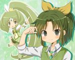  big_hair bike_shorts cure_march dual_persona eyelashes green green_background green_eyes green_hair green_neckwear green_shorts green_skirt highres long_hair magical_girl midorikawa_nao necktie pointing ponytail precure ryoutan shoes short_hair shorts shorts_under_skirt skirt sleeves_rolled_up smile smile_precure! sweater_vest 