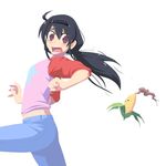  black_hair brown_eyes corn denim food hairband jeans john_su long_hair md5_mismatch midriff original pants ponytail pun raglan_sleeves running white_background 