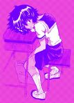  chair desk hair_over_one_eye looking_at_viewer nazo_no_kanojo_x purple saliva saliva_trail school_uniform serafuku shoes short_hair sitting skirt urabe_mikoto uwabaki 