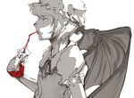  blood drink drinking drinking_straw fang hat monochrome remilia_scarlet short_hair solo spot_color touhou uruo vampire wings 