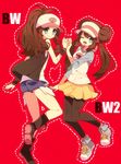  bad_id bad_pixiv_id baseball_cap blue_eyes boots brown_hair cutoffs double_bun hat legwear_under_shorts long_hair mei_(pokemon) multiple_girls nicole_(usako) one_eye_closed pantyhose pokemon pokemon_(game) pokemon_bw pokemon_bw2 ponytail raglan_sleeves red_background shoes shorts simple_background skort smile sneakers touko_(pokemon) twintails vest visor_cap wristband 