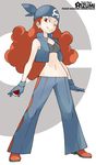  bandana blue_gloves character_name copyright_name cropped_jacket curly_hair gloves highres holding holding_poke_ball izumi_(pokemon) jacket light_smile long_hair looking_at_viewer midriff navel official_style one_eye_closed pants poke_ball poke_ball_(generic) pokemon pokemon_(game) pokemon_rse red_eyes red_hair simple_background sleeveless solo souji standing strapless team_aqua tubetop two-tone_background 