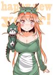  bare_shoulders blush breasts character_request cleavage costume dragon eba english green_shirt hand_puppet happy_new_year hat large_breasts long_hair new_year original puppet shirt smile solo standing sweater 