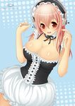  bad_id bad_pixiv_id blush breasts bubble_skirt cleavage detached_collar headphones large_breasts long_hair looking_at_viewer maid maid_headdress nitroplus official_style open_mouth philomelalilium pink_hair red_eyes skirt solo super_sonico 