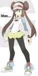  black_legwear blue_eyes brown_hair copyright_name double_bun full_body highres holding holding_poke_ball legs legwear_under_shorts light_smile long_hair mei_(pokemon) official_style pantyhose poke_ball pokemon pokemon_(game) pokemon_bw2 raglan_sleeves shoes shorts simple_background solo souji standing twintails two-tone_background visor_cap watch wristwatch 