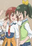  bad_id bad_pixiv_id brown_background c-chrone closed_eyes clothes_around_waist food green_hair green_neckwear hair_ornament hino_akane_(smile_precure!) midorikawa_nao mouth_hold multiple_girls nanairogaoka_middle_school_uniform necktie okonomiyaki ponytail precure red_eyes red_hair school_uniform skirt sleeves_rolled_up smile smile_precure! sweater sweater_around_waist sweater_vest werewolf wolfrun 