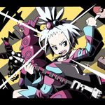  1girl aqua_eyes bare_shoulders guitar gym_leader homika_(pokemon) homika_(pokemon_bw2) instrument kni-droid parody pokemon pokemon_(game) pokemon_bw2 scolipede white_hair 