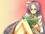  1girl asakura_rikako book coat crossed_legsrn glasses green_eyes makomo_(pokemon) pokemon purple_hair skirt touhou 