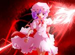  bow fueiku hat purple_hair red_eyes remilia_scarlet short_hair skirt skirt_set smile solo spear_the_gungnir touhou wrist_cuffs 