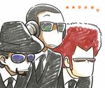  3boys afro agent_derek agent_morris agent_spin coda_(kinoko-da) dark_skin dark_skinned_male elite_beat_agents facial_hair formal hat headphones male_focus multiple_boys necktie raised_eyebrow suit sunglasses 