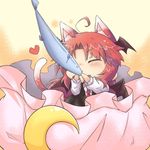  ahoge animal_ears bat_wings blush cat_ears cat_tail chibi closed_eyes crescent eating fish head_wings heart kemonomimi_mode koakuma long_hair minigirl necktie red_hair solo tail touhou vest viva!! wings 