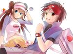  1girl bag blue_eyes brown_eyes brown_hair clenched_hand double_bun holding holding_poke_ball jacket kyouhei_(pokemon) long_hair magister_(medical_whiskey) mei_(pokemon) midriff pantyhose poke_ball pokemon pokemon_(game) pokemon_bw2 raglan_sleeves shorts skirt twintails visor_cap watch wristwatch 