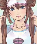  bad_id bad_pixiv_id blue_eyes breasts brown_hair collarbone double_bun large_breasts long_hair mei_(pokemon) myuutau_tadakichi pokemon pokemon_(game) pokemon_bw2 raglan_sleeves solo twintails upper_body visor_cap 