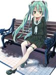  aqua_eyes aqua_hair bench hatsune_miku long_hair looking_at_viewer md5_mismatch school_uniform serafuku shoes sitting skirt smile solo thighhighs twintails umeboshitora very_long_hair vocaloid white_legwear zettai_ryouiki 