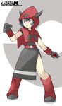  blue_eyes blue_hair boots character_name copyright_name curly_hair full_body gloves highres holding holding_poke_ball hood horns kagari_(pokemon) knee_boots official_style poke_ball poke_ball_(generic) pokemon pokemon_(game) pokemon_rse red_legwear short_hair side_slit simple_background solo souji standing team_magma two-tone_background 
