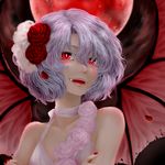  ameya_nihachi bare_shoulders bat_wings blue_hair choker crossed_arms fang flower full_moon hair_flower hair_ornament moon nail_polish no_hat no_headwear open_mouth purple_hair red_eyes red_flower red_moon red_rose remilia_scarlet ribbon_choker rose short_hair solo touhou wings 